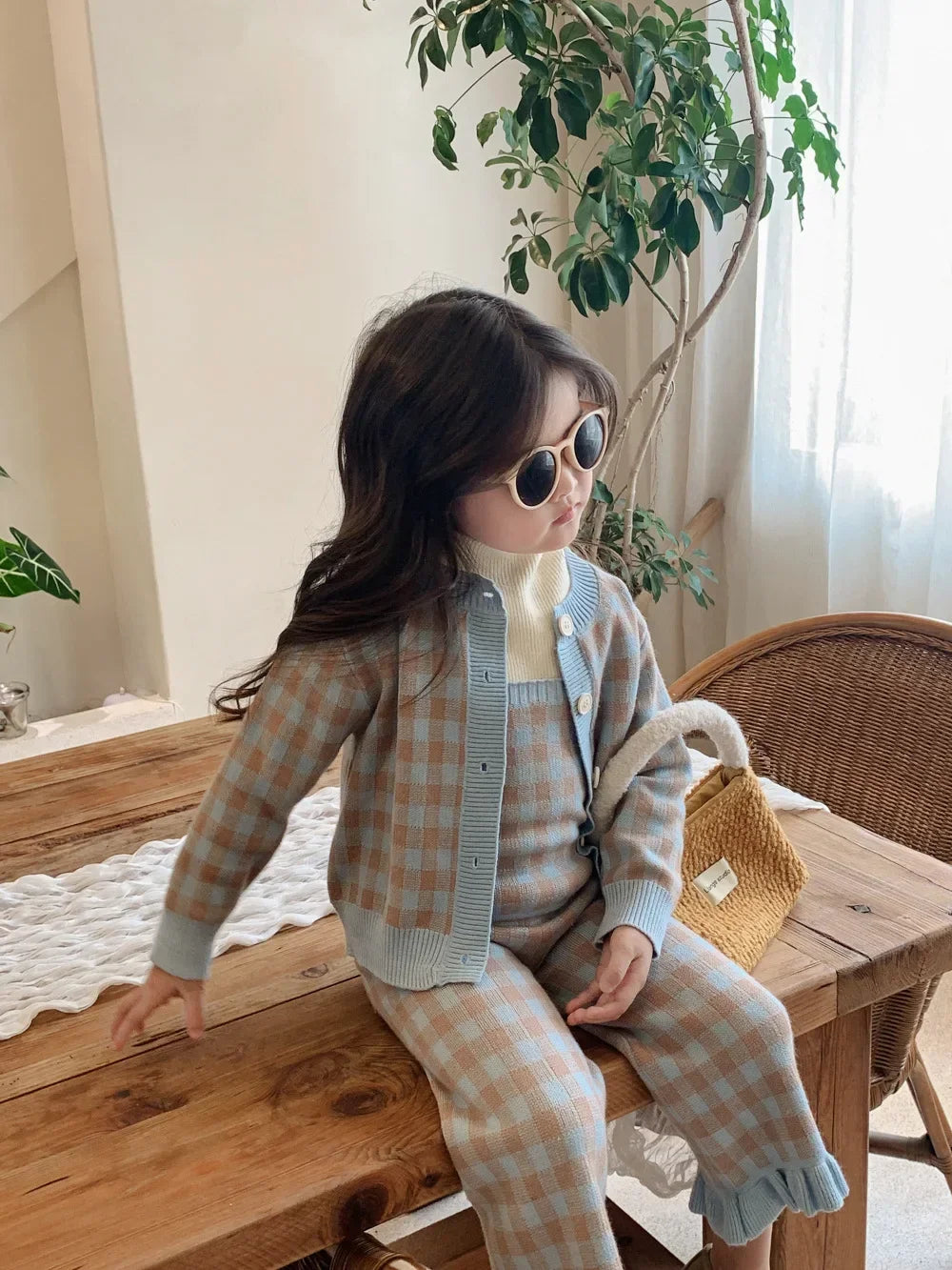 Plaid Knitted Set Sweater Cardigan + Vest + Pant