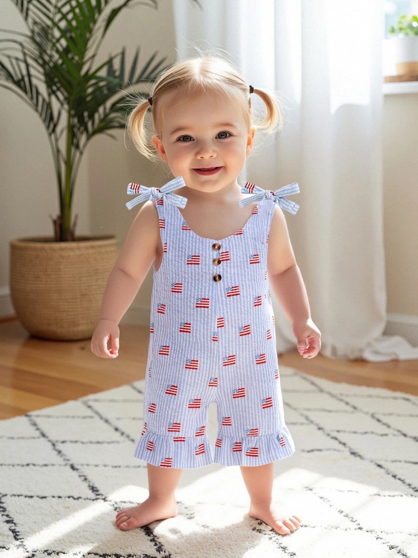 Patriotic American Flag Print Sleeveless Ruffled Romper