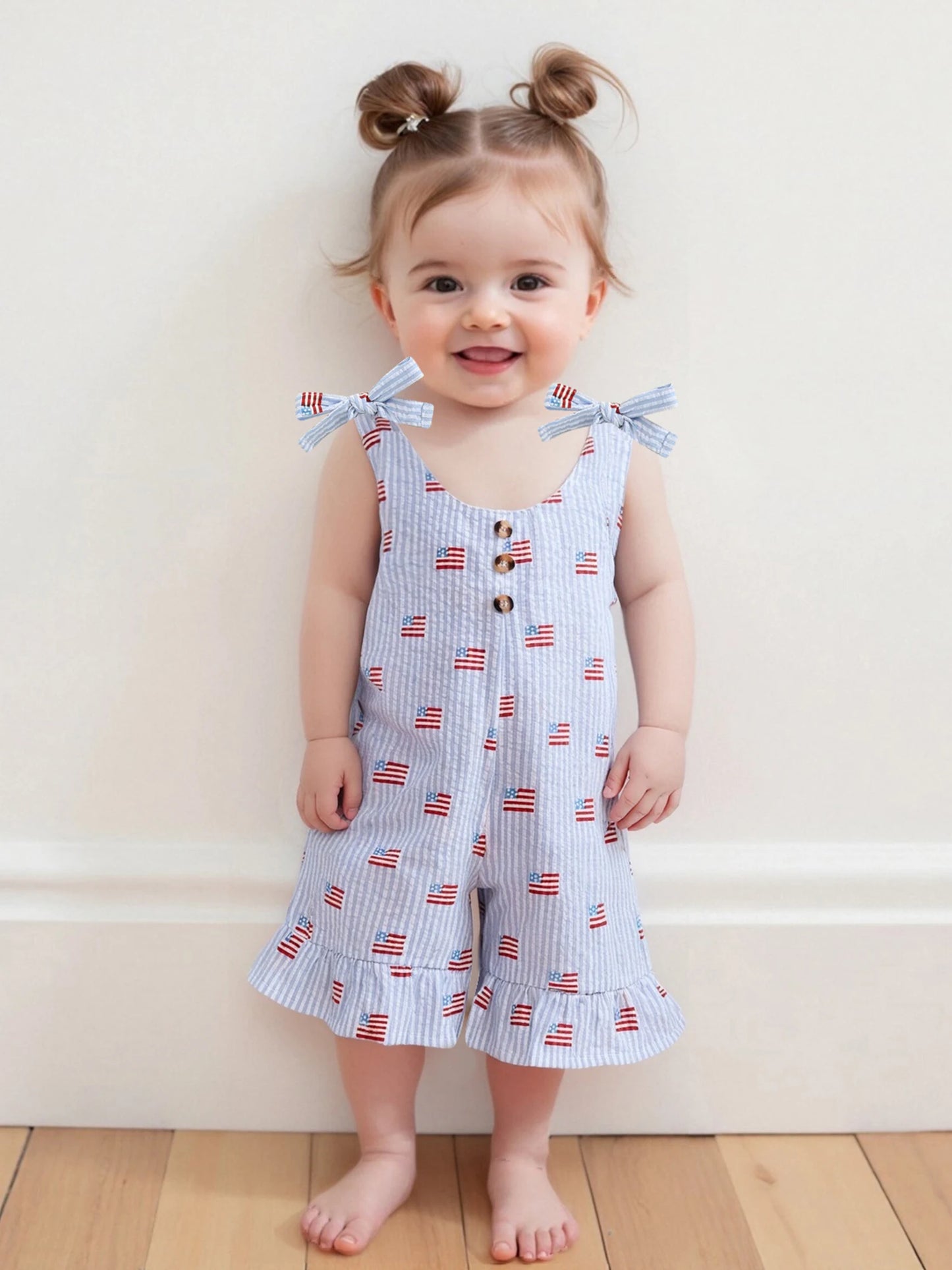 Patriotic American Flag Print Sleeveless Ruffled Romper