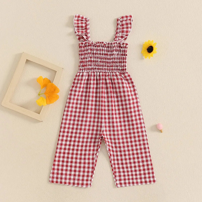 Plaid Overall Romper with Ruffle Sleeves