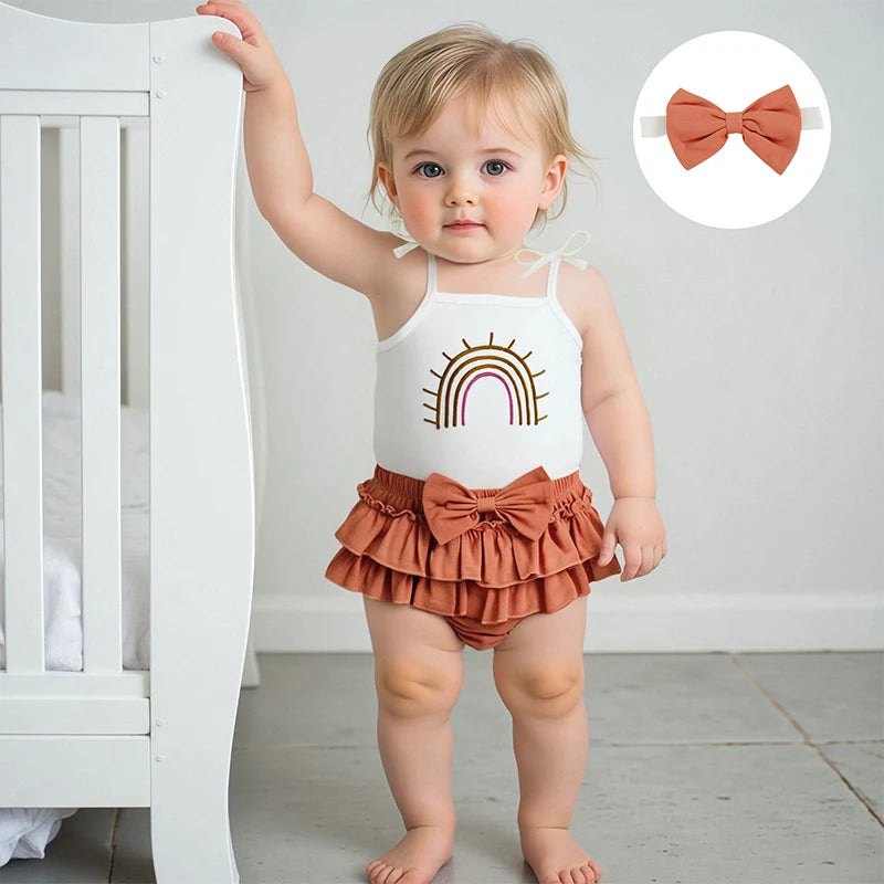 Girl's Rainbow Embroidery Romper Set