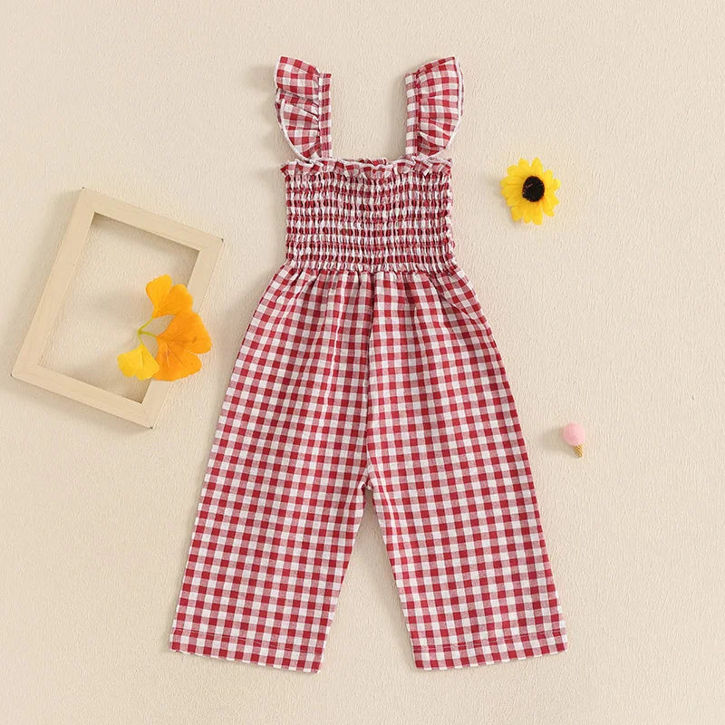 Plaid Overall Romper with Ruffle Sleeves
