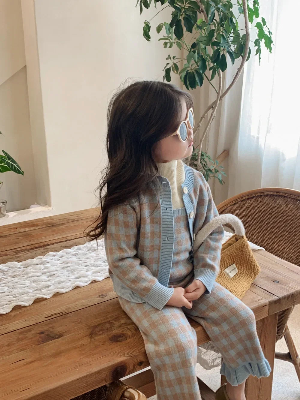 Plaid Knitted Set Sweater Cardigan + Vest + Pant