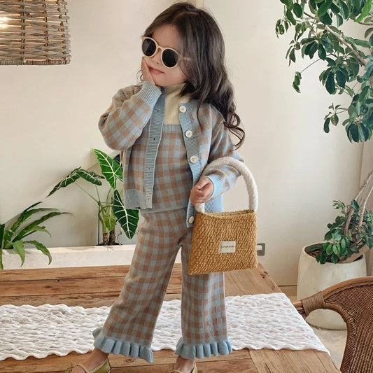Plaid Knitted Set Sweater Cardigan + Vest + Pant