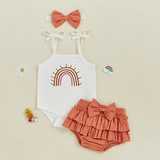 Girl's Rainbow Embroidery Romper Set