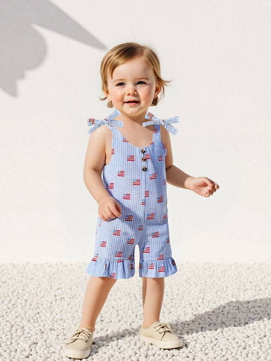 Patriotic American Flag Print Sleeveless Ruffled Romper