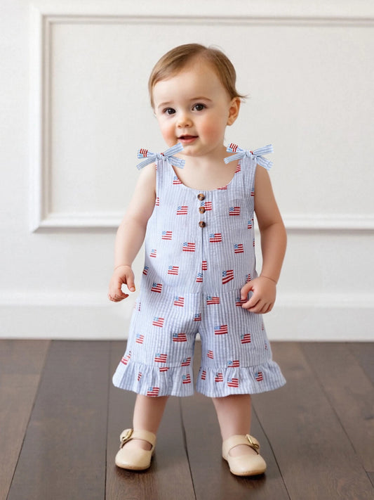 Patriotic American Flag Print Sleeveless Ruffled Romper