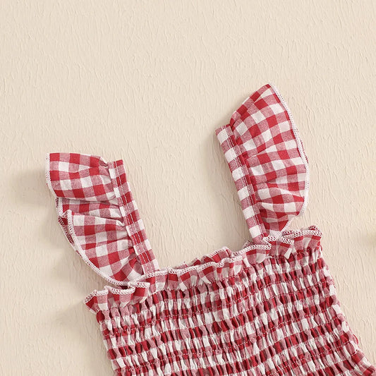 Plaid Overall Romper with Ruffle Sleeves